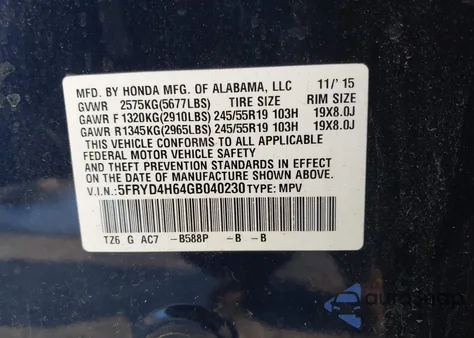 2016 Acura Mdx Technology Entertainment Packages/Technology, Entertainment Acurawatch Plus Packages from USA, damaged, VIN 5FRYD4H64GB040230